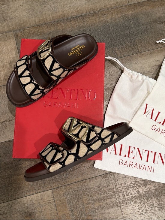 Valentino Garavani Shoes - Valentino Garavani brown and beige double strap V logo sandal slides